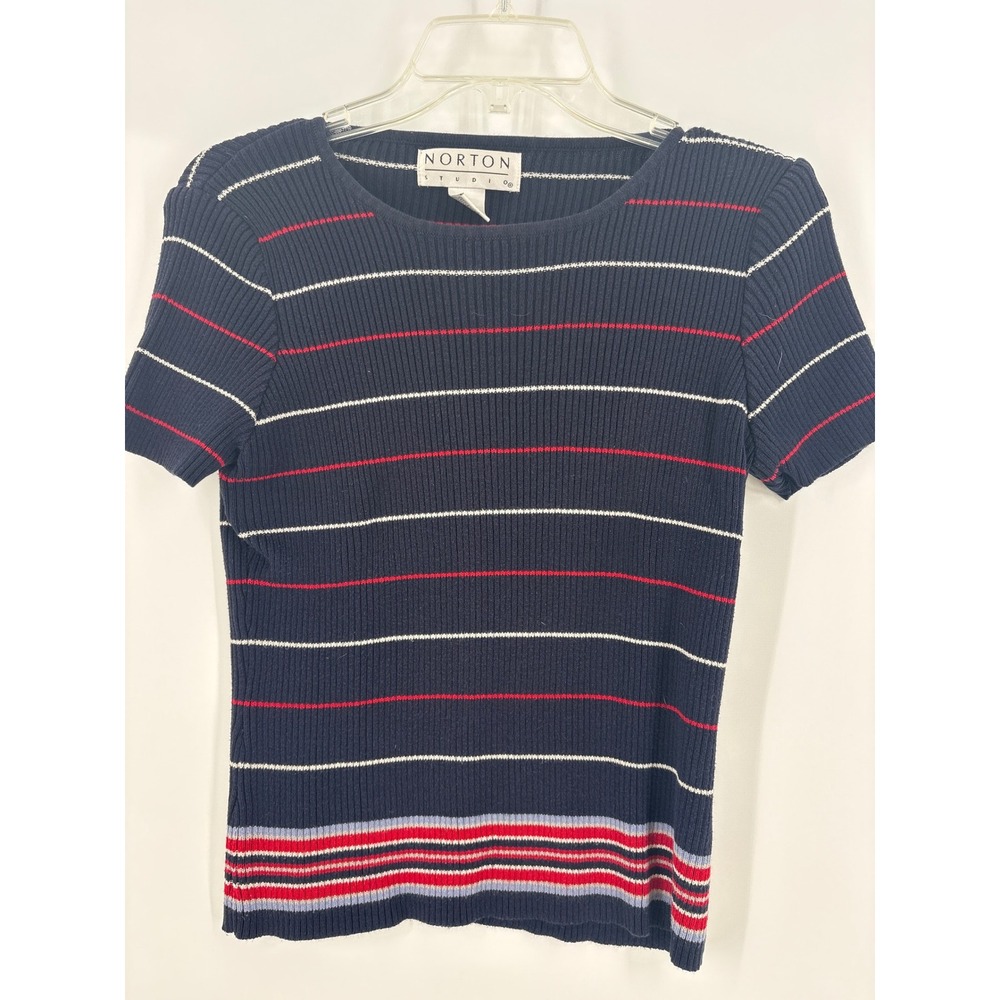 Norton Studio Striped Knit Top Short Sleeve Boat Neck Casual Womens Size S